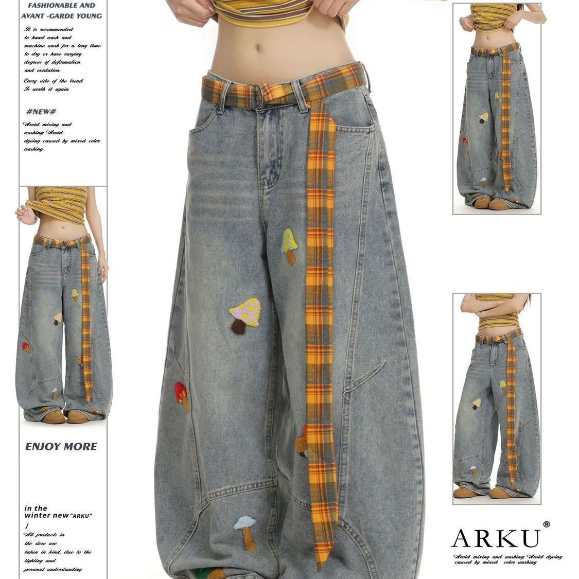 送腰带美式复古卡通刺绣弯刀牛仔裤女高腰款式百搭显瘦设计感阔腿