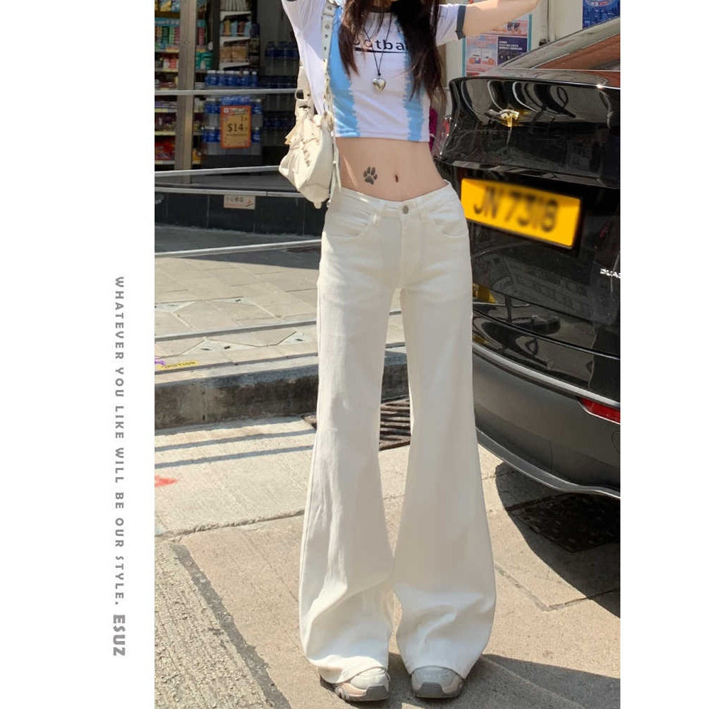 辣妹白色低腰微喇牛仔裤女春季新款显瘦垂感不贴腿美式马蹄喇叭裤