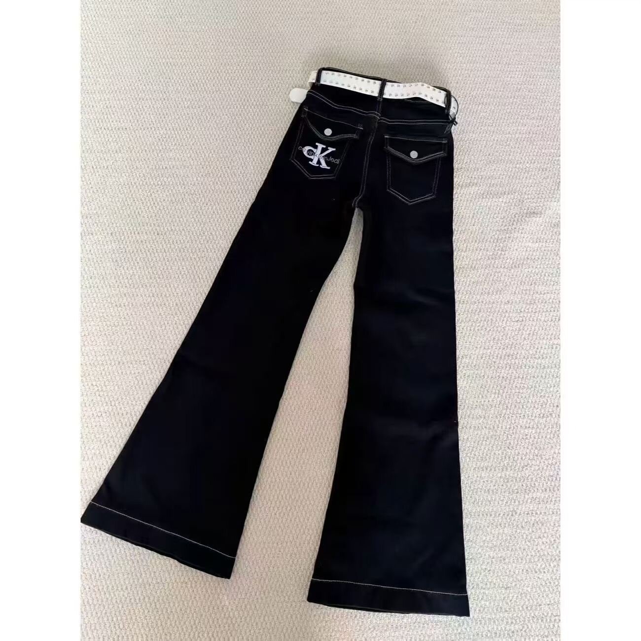 韩系秋冬季百搭弹力水洗微喇牛仔裤女口袋刺绣潮流减龄宽松高腰裤
