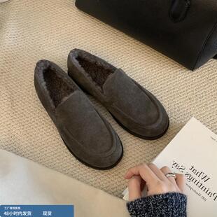 牛皮版~小众真皮加厚绒保暖row风乐福鞋女厚底增高保暖雪地棉鞋子