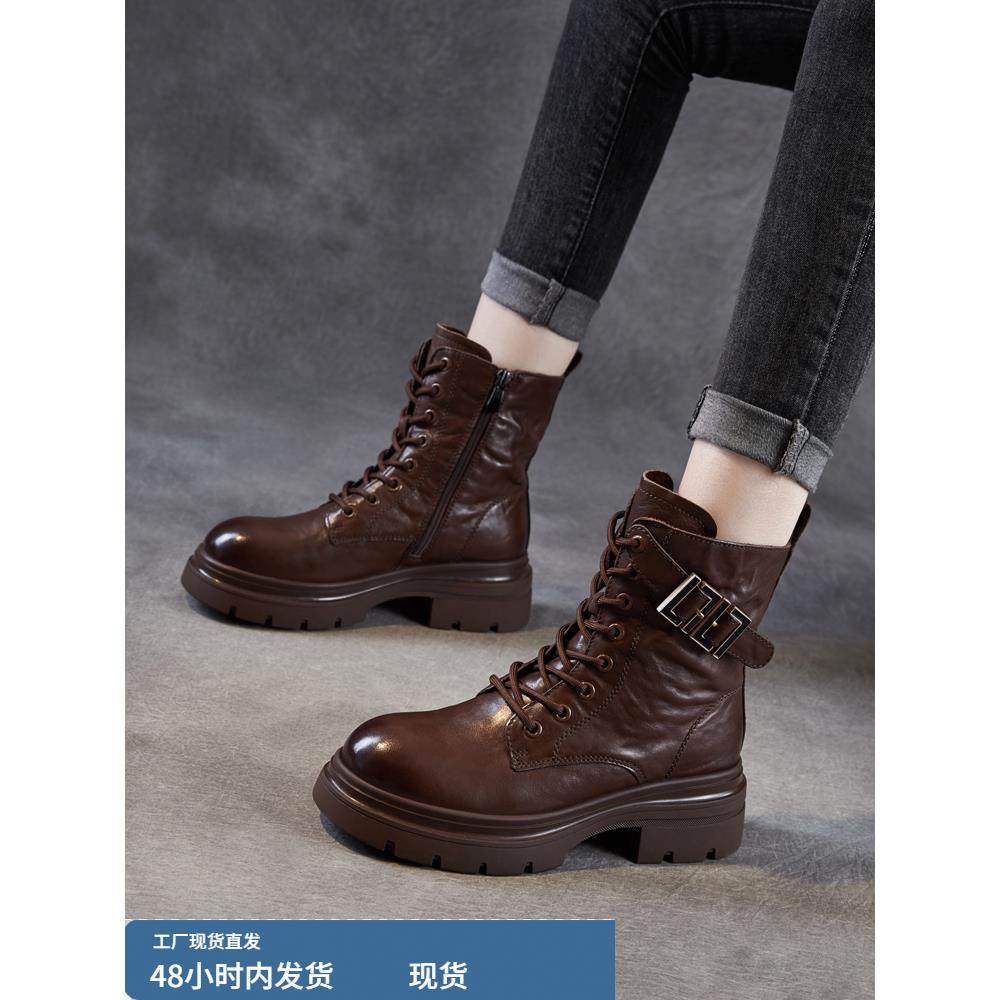 真皮短靴女2025秋冬新款加绒英伦风头层牛皮带扣厚底机车马丁靴子