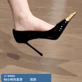 女细跟百搭性感名媛漆皮真皮黑丝职业单鞋 欧美新款 方头金属高跟鞋