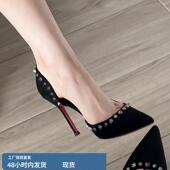 女细跟性感黑丝显瘦柳丁单鞋 欧美新款 尖头黑色绒面侧空铆钉高跟鞋