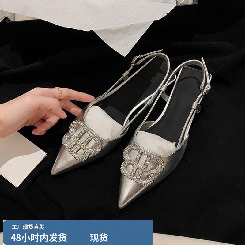羊皮版银色水钻方扣包头凉鞋女夏季仙女风法式尖头后空平底单鞋