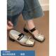 春秋蝴蝶结一字带粗跟浅口单鞋 羊皮版 女新款 银色玛丽珍鞋 女 法式