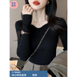 法式秋冬低领黑色打底衫女内搭坑条毛衣高级感修身长袖针织衫上衣