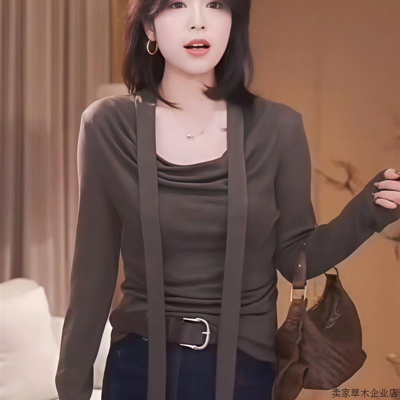 巨好看荡领长袖t恤女秋季2025新款设计感飘带简单大方高级感上衣