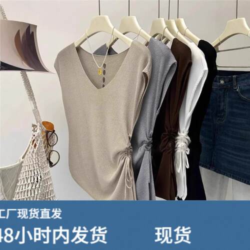 后背镂空V领冰丝短袖针织衫女夏季设计感抽绳1/4吋套筒扳手袖T恤