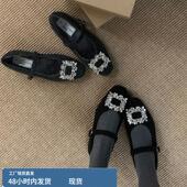 加绒方头平底单鞋 呢子毛轻奢水钻一字带扣玛丽珍鞋 女秋冬晚晚鞋