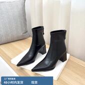 法式 秋冬单靴短筒马丁靴通勤高跟瘦瘦靴 尖头女短靴粗跟2024新款