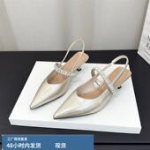 配裙子尖头后空高跟单鞋 香槟色水钻一字带包头凉鞋 女细跟2025新款
