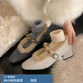 呢子毛设计感一字带扣毛毛玛丽珍鞋 女秋冬外穿粗跟加绒尖头单鞋
