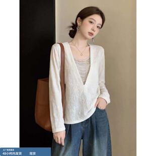 女春季 法式 高级感白色提花串珠v领长袖 衬衫 独特漂亮欧货上衣 大码