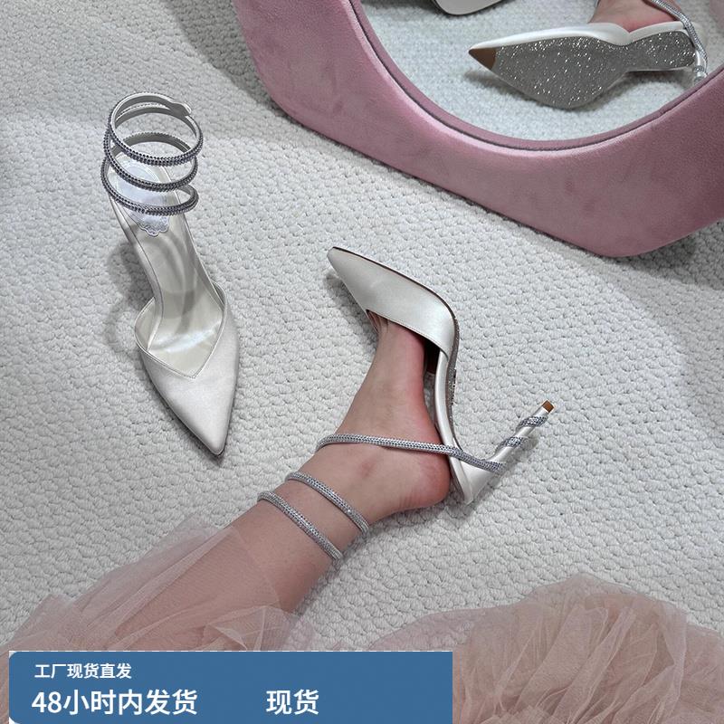 2025新款尖头蛇形缠绕水钻高跟鞋女白色仙女风细跟一字带包头凉鞋