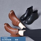 真皮平底短靴女2024秋冬新款 圆头低跟复古单靴百搭软底妈妈靴加绒