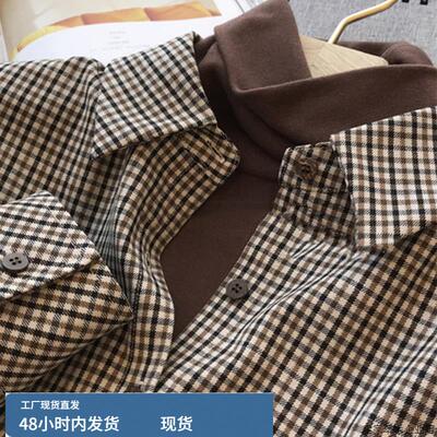 覆古英伦风穿搭棕咖色格子衬衫女秋冬休闲百搭叠穿棉衬衣风衣内搭