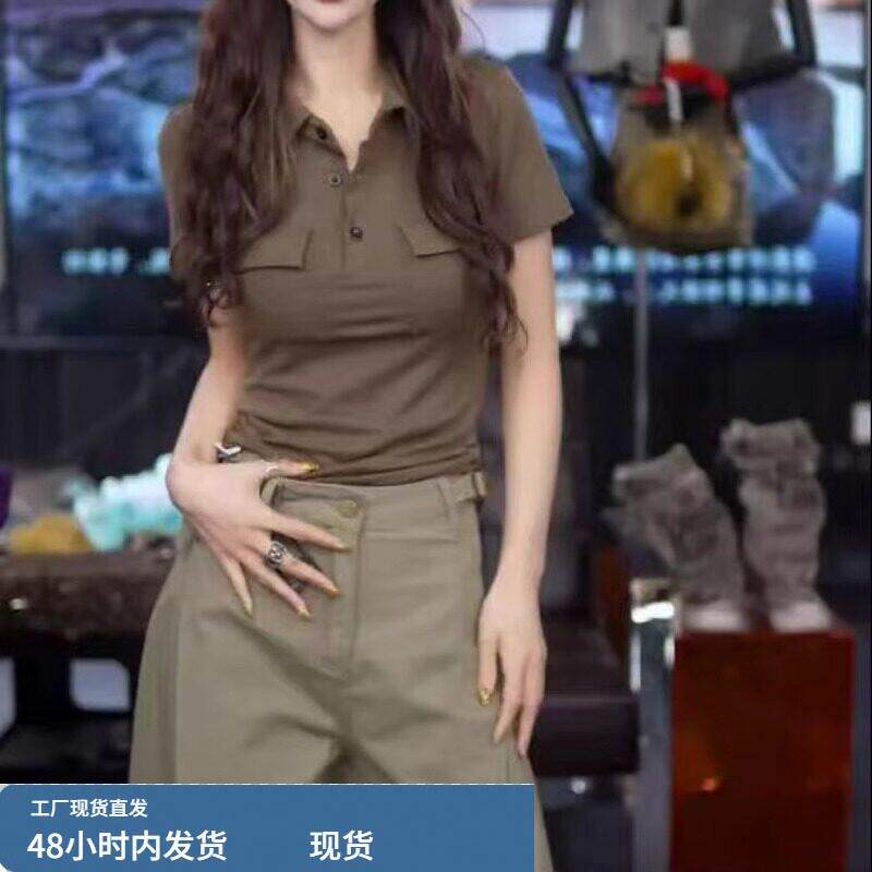 军绿色polo领正肩短袖T恤女装2026夏季新款掐腰紧身显瘦短款上衣