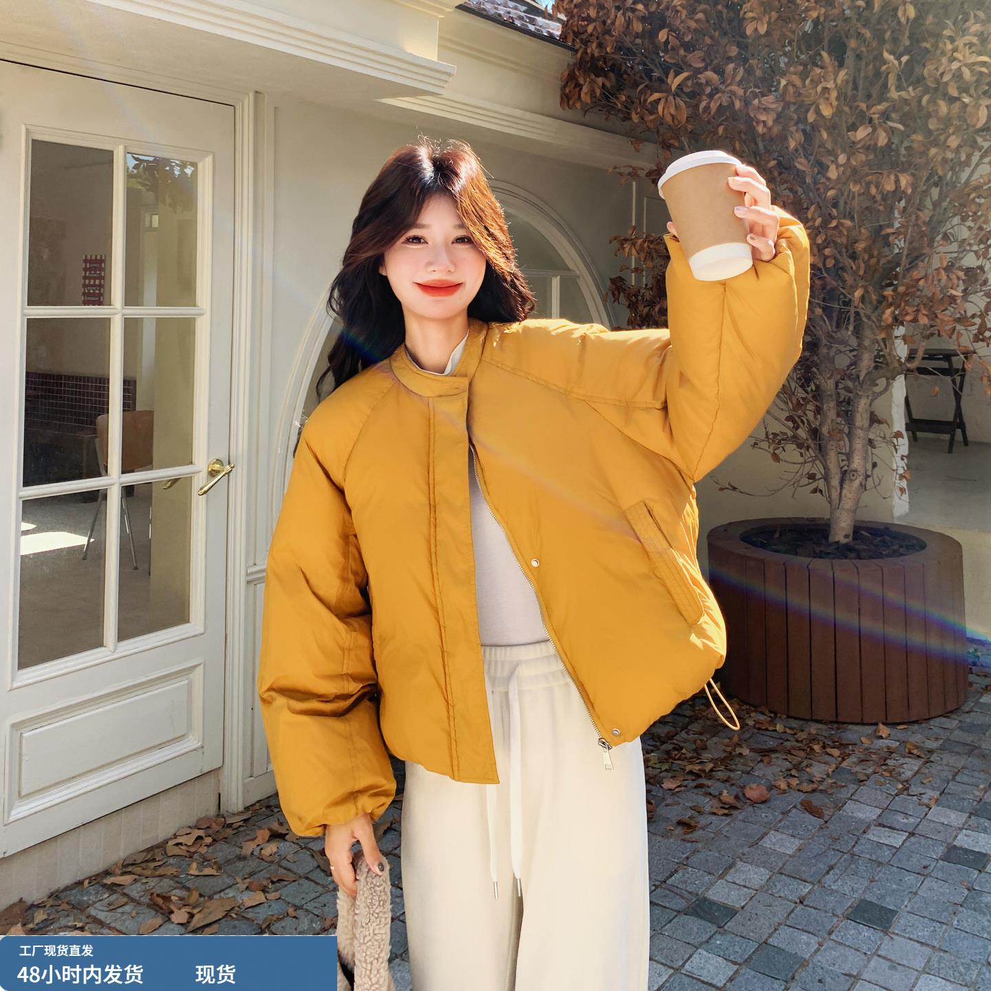 橘色韩版百搭简约休闲风羽绒服女冬季2025新款时尚保暖棒球服外套