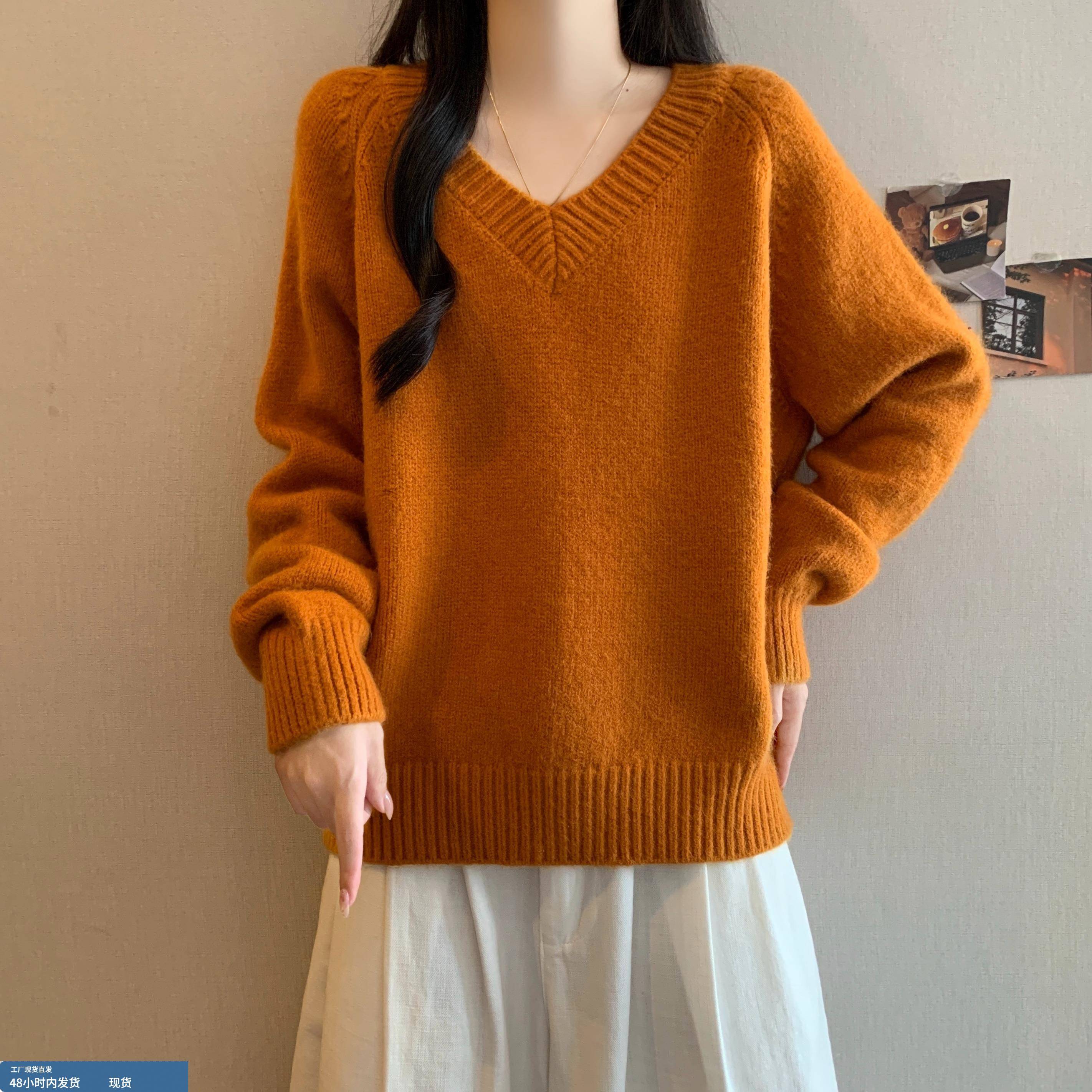 高级感时尚V领加厚毛衣女秋冬大码胖妹妹百搭气质显瘦套头针织衫