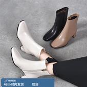 真皮高端羊皮方头粗跟短靴女2024秋冬新款 中跟软底单靴百搭马丁靴