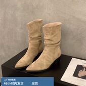 春秋单靴堆堆套筒高跟女靴子 尖头粗跟短靴女2025新款 羊皮版 法式