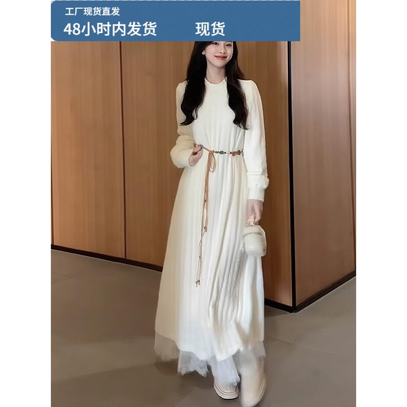 巨好看气质温柔风长袖圆领设计米白连衣裙女春高级感大方得体穿搭