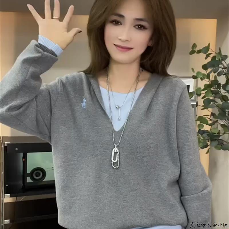 设计感连帽假两件长袖针织衫女2025早秋新款百搭宽松显瘦休闲上衣