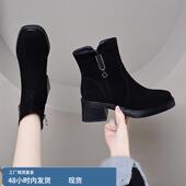 方头羊皮短靴女粗跟2025秋冬加绒软皮靴子厚底磨砂女靴绒面时装 靴