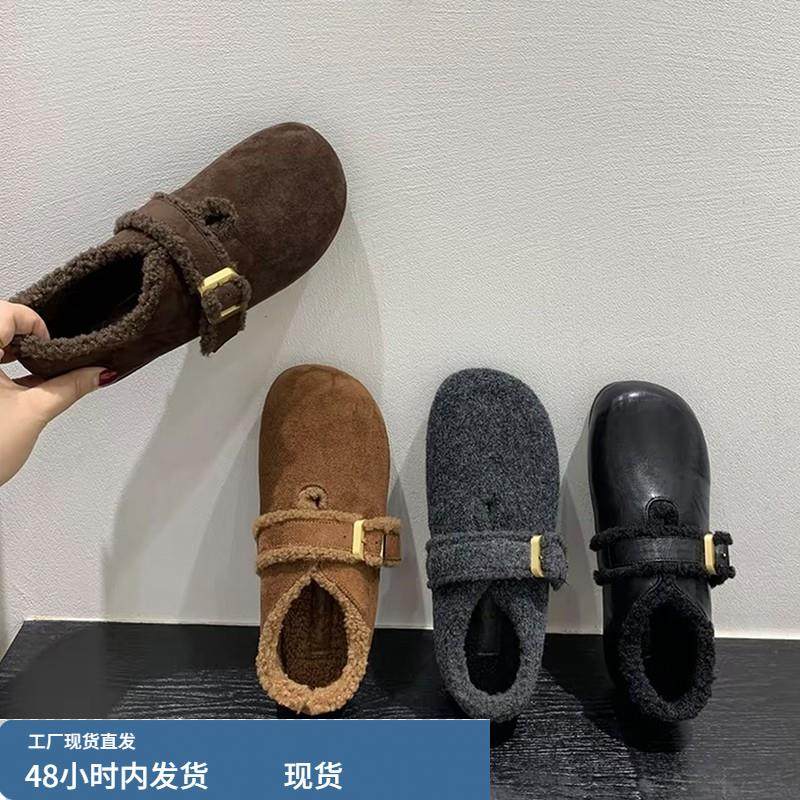 复古平底毛呢全包加绒勃肯鞋女2025秋冬新款保暖乐福鞋一脚蹬棉鞋