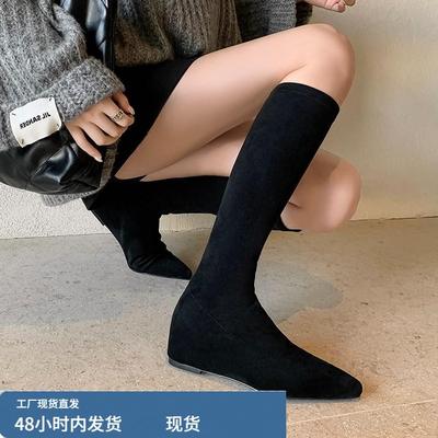 尖头内增高长筒靴女绒面靴子女2025秋冬新款长靴弹力瘦瘦靴高筒靴