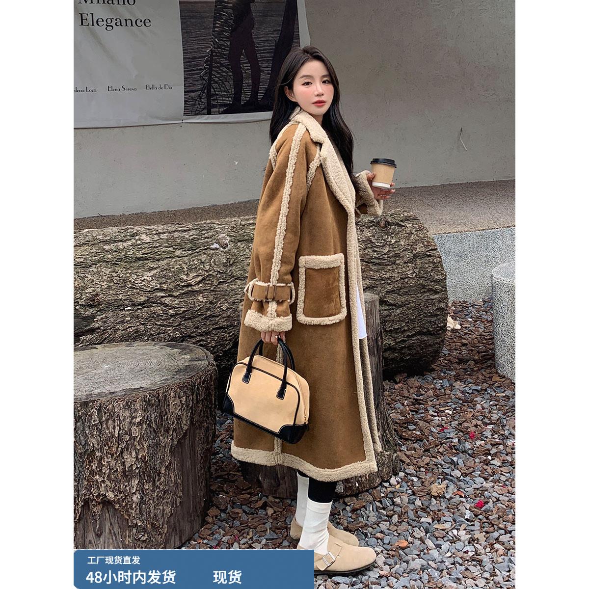 美拉德覆古卡其色皮毛一体羊羔毛大衣女冬季中长款加厚羊羔绒外套