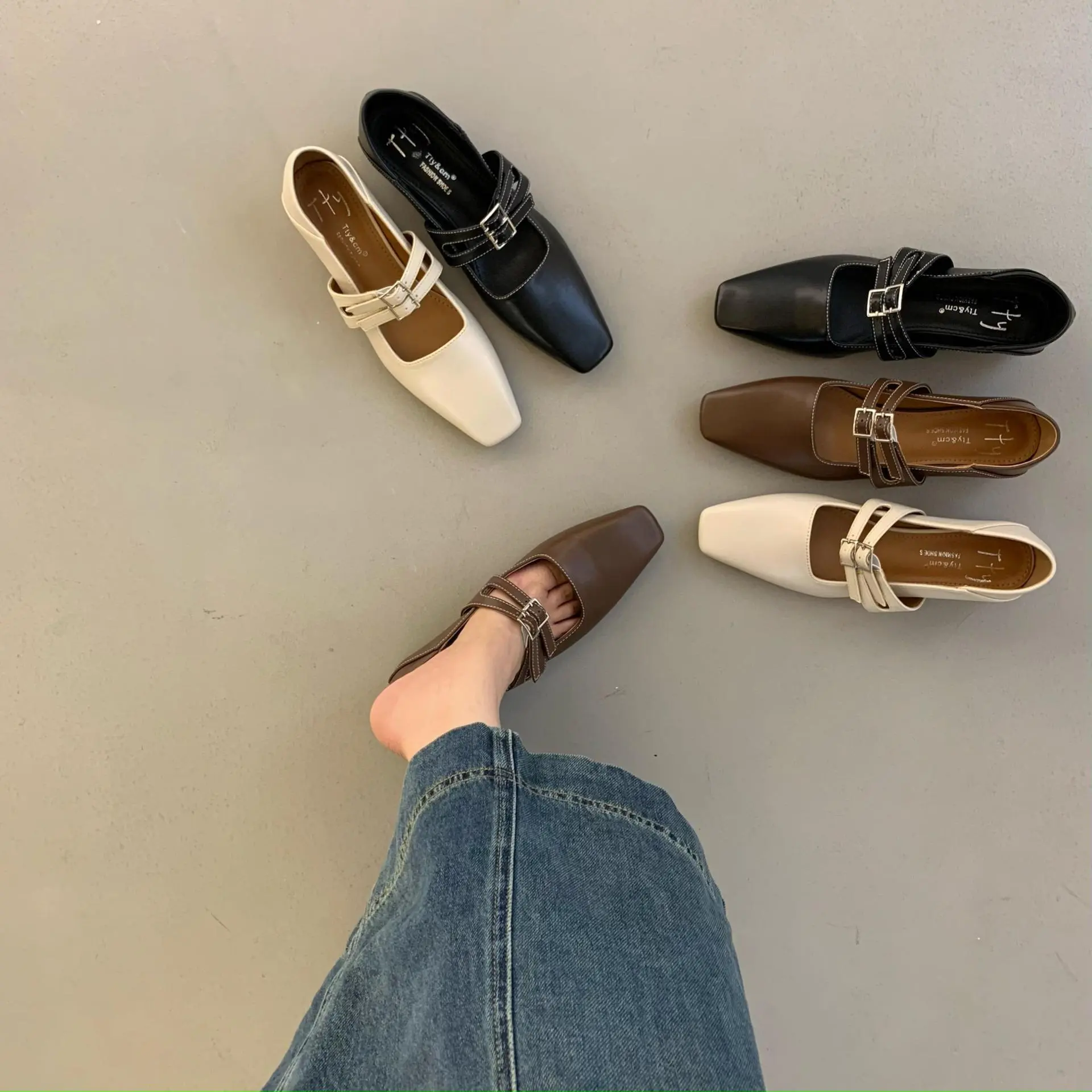 2025春新款配裙子女法式感粗跟方头玛丽珍鞋小个子浅口晚晚鞋