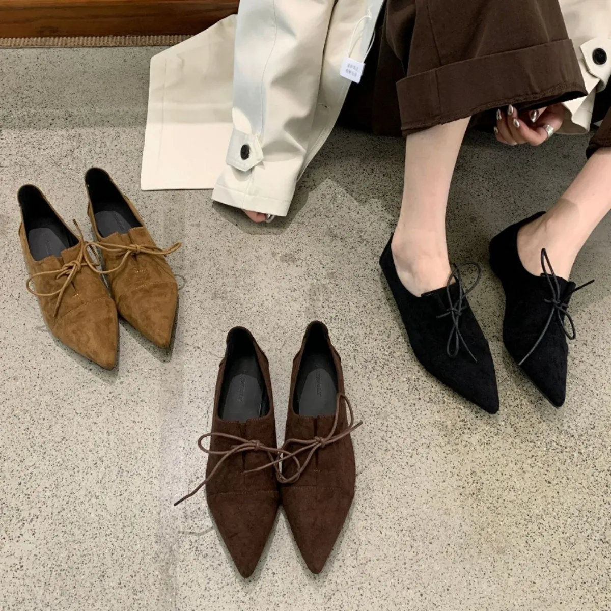 马毛深口单鞋女平跟鞋春新品2025里外全皮尖头系带复古单鞋女