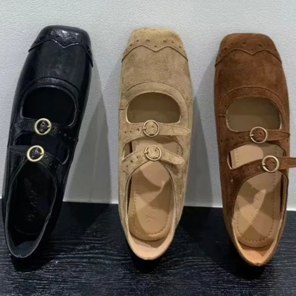 2025新款方头一字绒面软底浅口豆豆孕妇雕花平底女单鞋