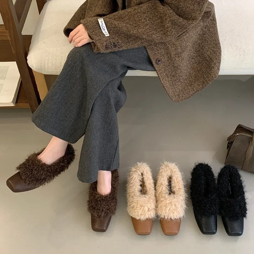 ~方头毛毛鞋一脚蹬复古加绒保暖玛丽珍小皮鞋棉鞋粗跟单鞋
