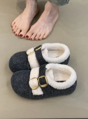 内增高3CM 小个子厚底复古毛呢灰色皮带扣加绒保暖一脚蹬勃肯棉鞋