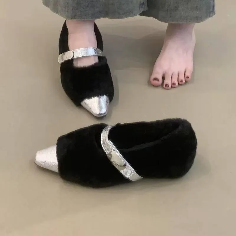 网红款毛毛鞋女2025秋冬季新款水貂毛粗跟保暖豆豆鞋加绒低跟单鞋