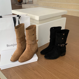 鹿皮绒~可两穿粗跟马丁靴骑士靴2025内增高8cm美拉德绒面堆堆潮靴
