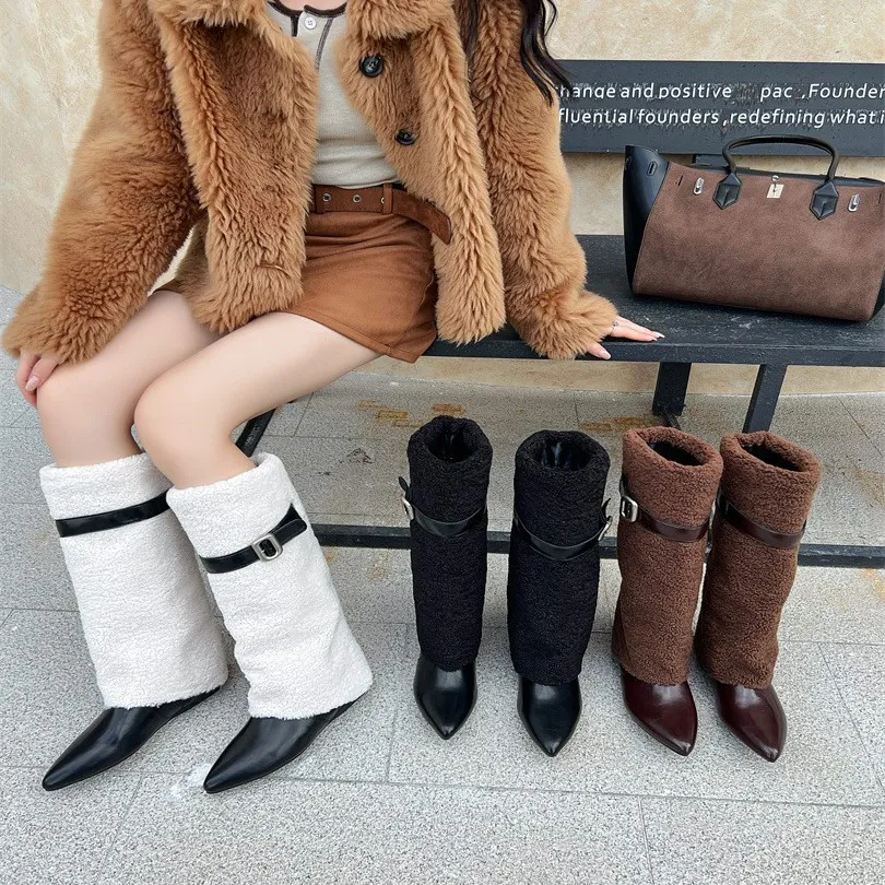欧美时尚尖头高跟长筒裤管靴女2025年春季新款辣妹高筒毛毛雪地靴