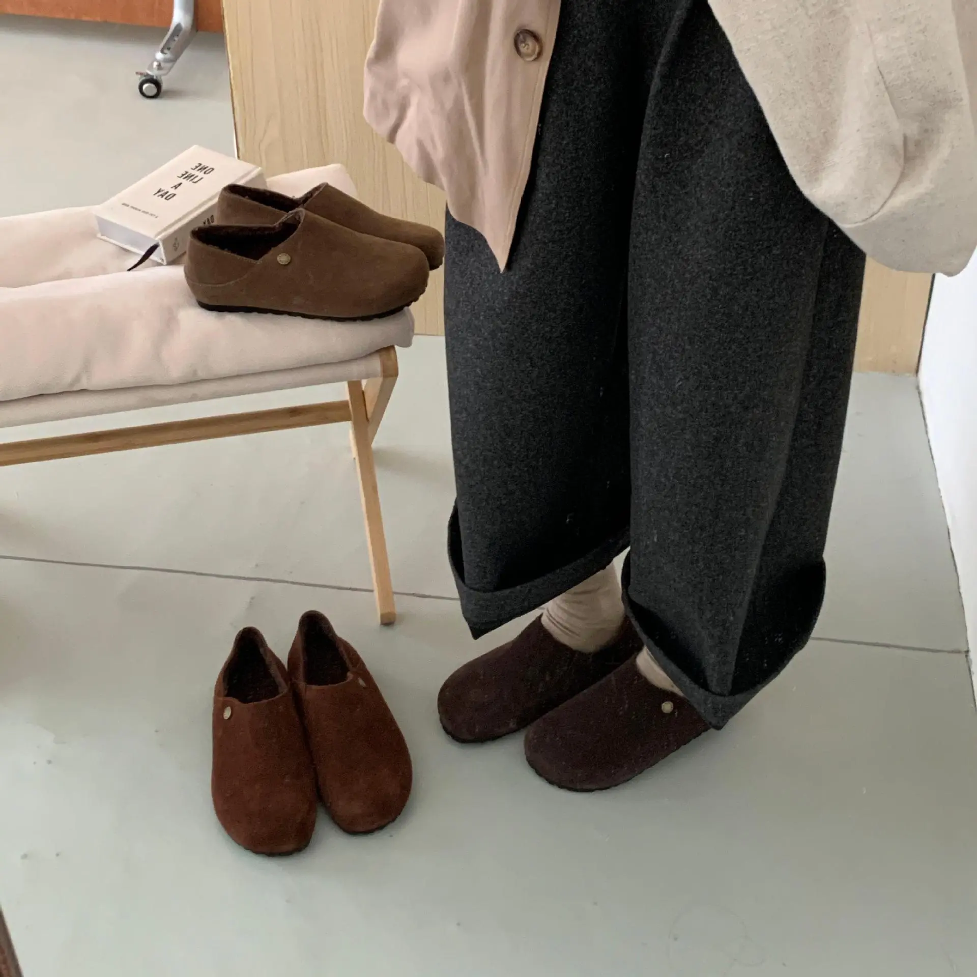 真皮版~小个子内增高勃肯鞋女秋冬款厚底乐福丑萌加绒博肯懒人鞋