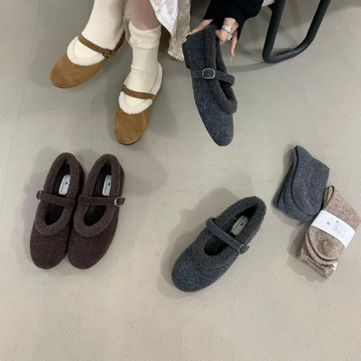 韩系复古一字带毛毛玛丽珍鞋女2025年秋冬新款百搭浅口内增高单鞋