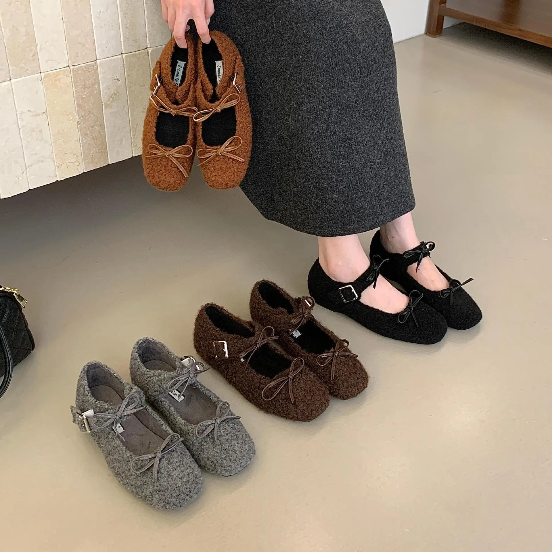 韩版新款法式蝴蝶结毛毛鞋女秋冬外穿内增高3cm玛丽珍鞋加绒单鞋