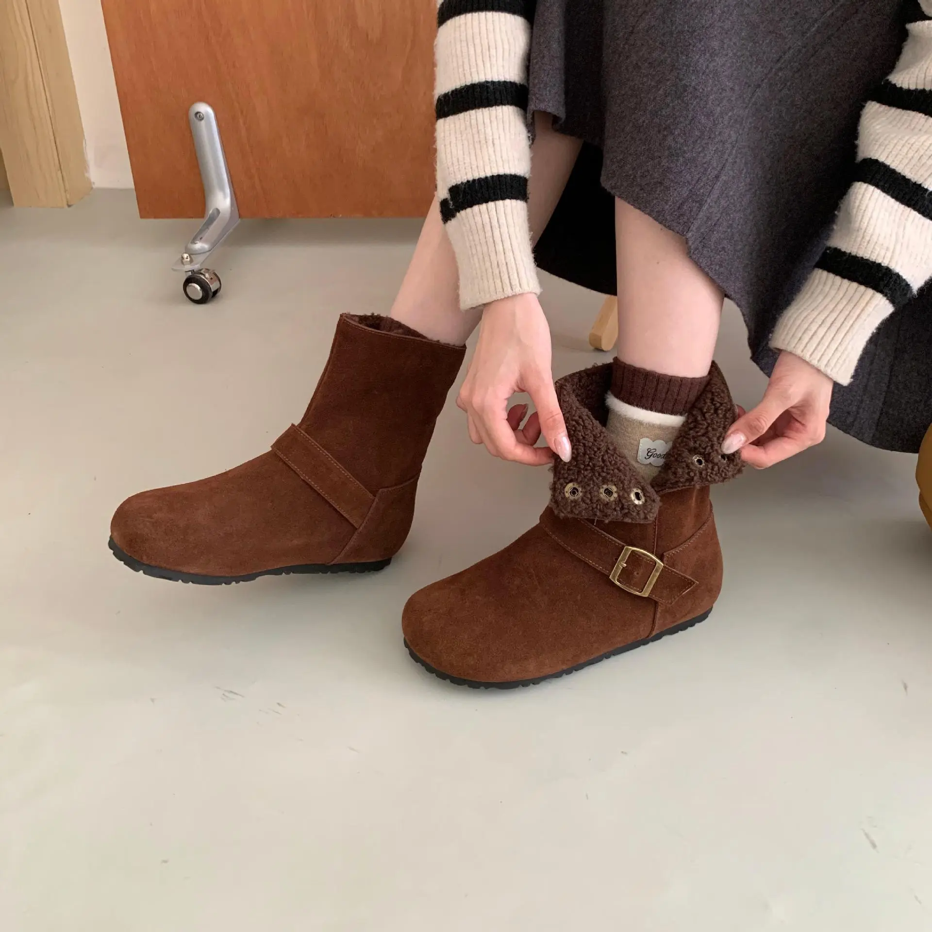 真皮复古两穿西部牛仔靴女2025秋冬款舒适加绒保暖内增高勃肯短靴