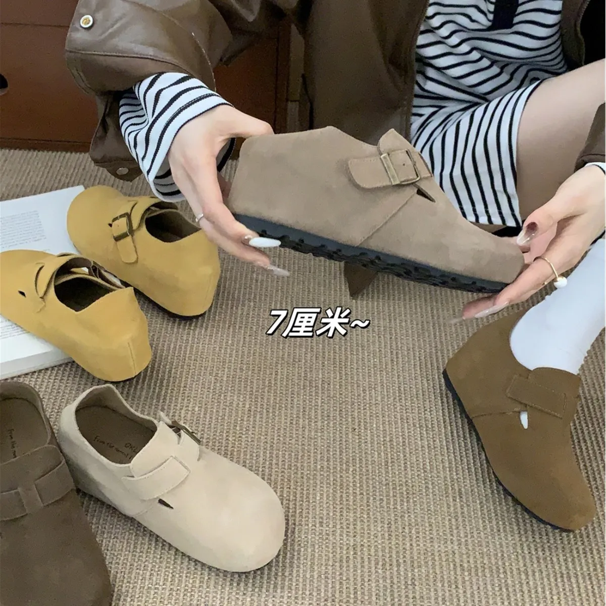 牛皮厚底7cm内增高鞋女新款森系复古丑萌乐福鞋软底博肯单鞋