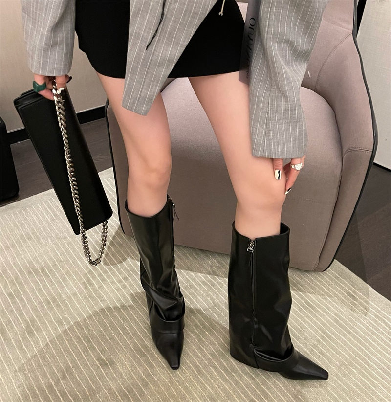 1cothen2023新款不过膝高筒靴子女 尖头高跟骑士靴漆皮小众裤管靴