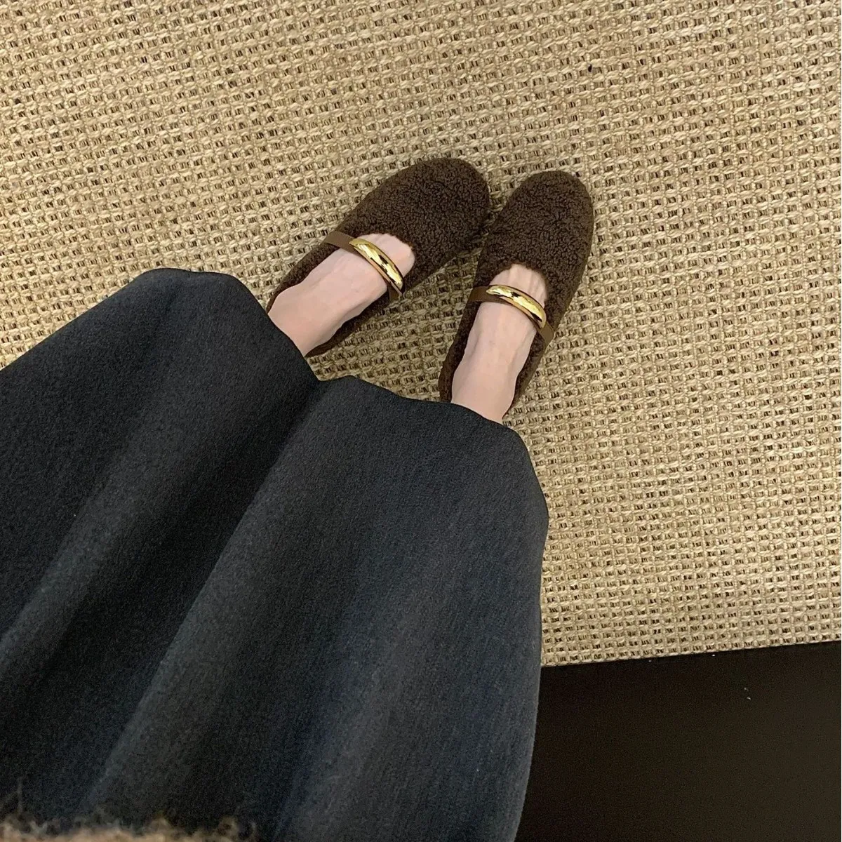 2025新款圆头毛毛坡高跟保暖加绒女玛丽珍防滑外穿棉鞋