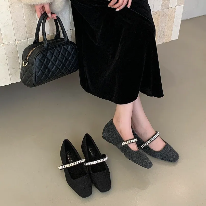 韩版绸缎方头水钻法式玛丽珍女鞋气质单鞋女平底瓢鞋子