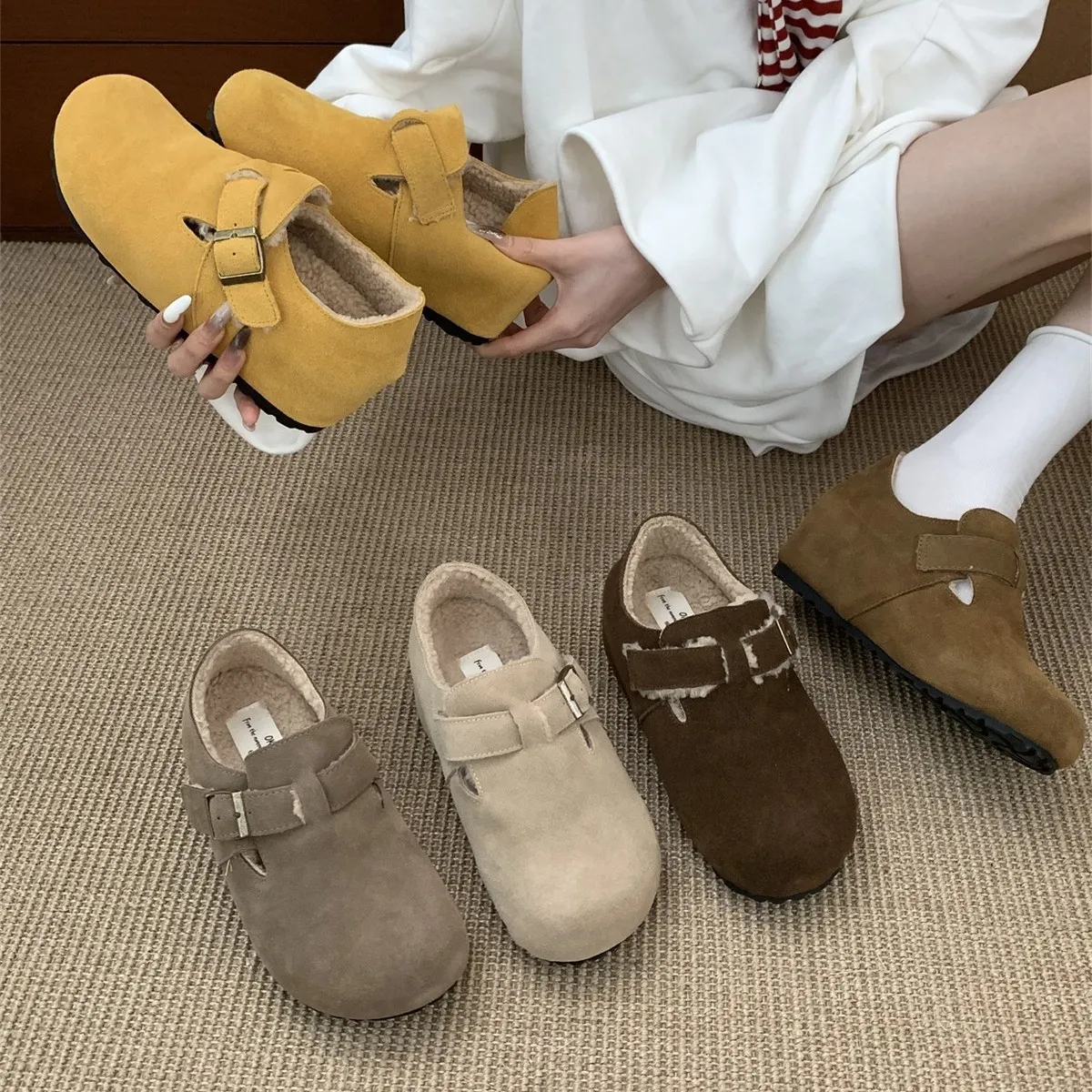 牛皮版！内增高7cm内增高厚底鞋女秋冬新款复古丑萌加绒棉鞋