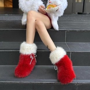 2025秋冬新款时尚毛毛靴红色加绒保暖平底内增高厚底雪地靴女靴