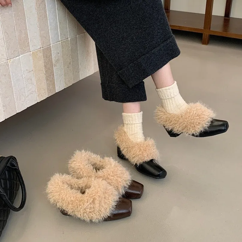 ~方头毛毛鞋一脚蹬复古加绒保暖玛丽珍小皮鞋棉鞋粗跟单鞋